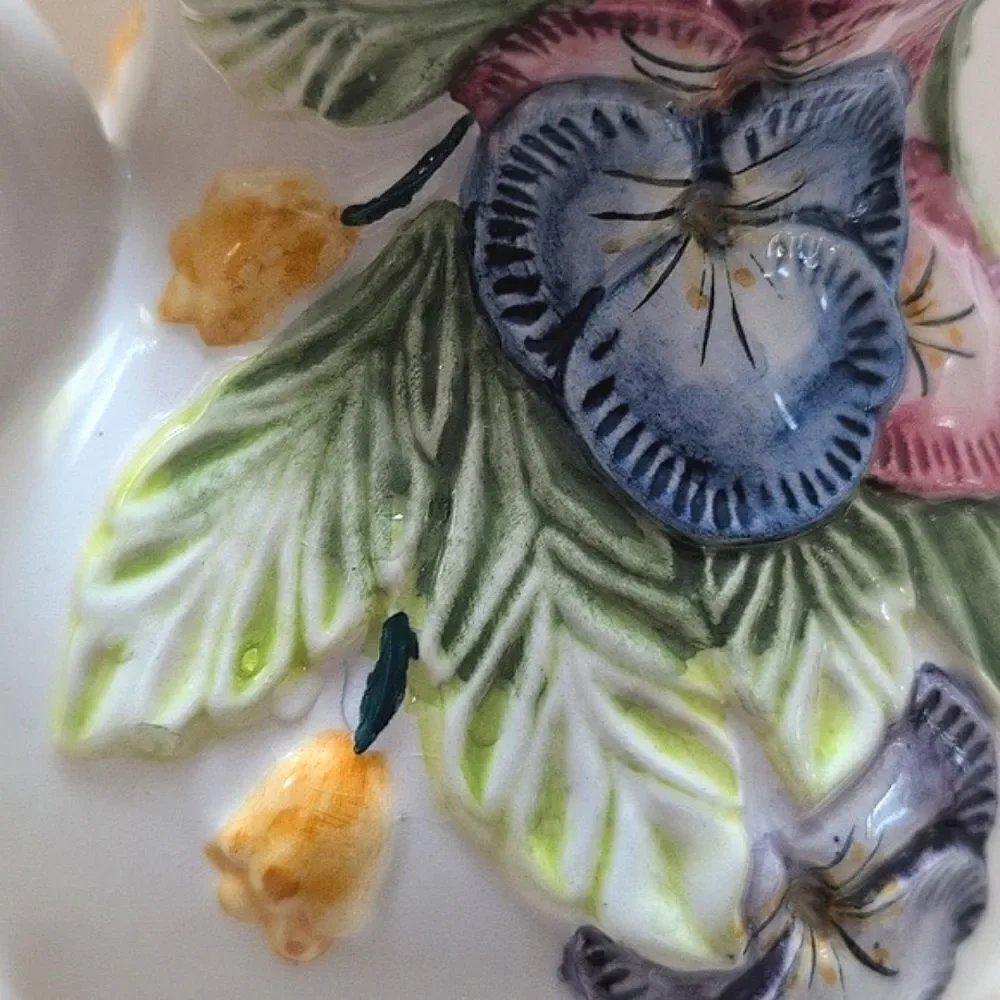 Ceramic Pottery Pitcher Hand Painted Raised Pansy's Alcobaca Portugal Vintage